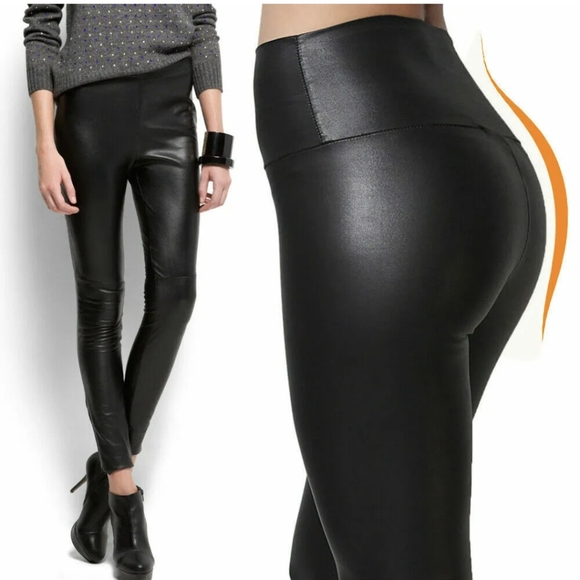 Faux PU Leather Skinny Pants High Waist Push Up Butt Lift Stretch Matte Leggings - Picture 7 of 8